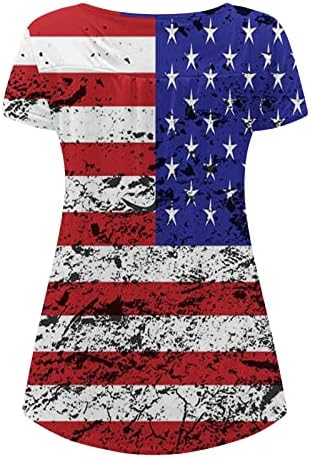 Американско знаме печатени врвови за женско лето на 4 -ти јули патриотска кошула со тркалезно копче за вратот, плетенка, блуза од туники за стомакот
