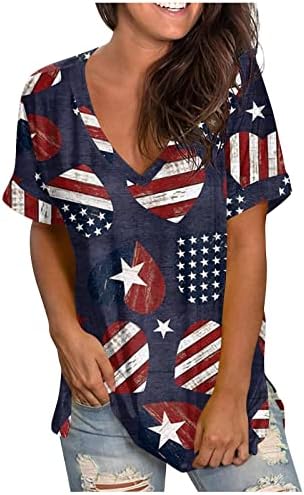 Womenените кратки ракави врвови трендовски ден на независност на САД, печатено врвот V вратот, удобни формални кошули со блуза