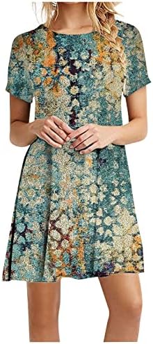 Плус големини ромери за жени, женски модерни обични разноврсни разноврсни печатени ретро -вратот краток ракав летен фустан
