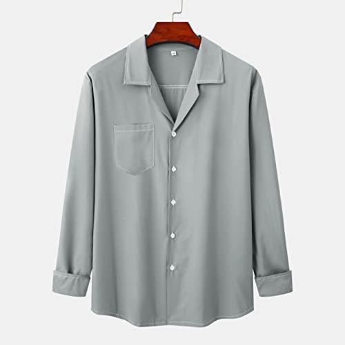 Обично копче надолу кошули за мажи со цврста боја опуштена вклопена куглање кошули со долги ракави јака на блузи врвови