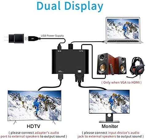 Renslat VGA до HDMI 3 во 1 Адаптер Сплитер двоен дисплеј со 3,5 mm аудио конвертор за компјутерски проектор HDTV мулти-портокал