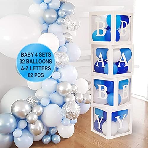 82 ПАРЧИЊА Украси За Туш За Бебиња За Комплет За Момчиња-Џамбо Проѕирна Кутија За Балони Со Бебешки Блок Вклучува БЕБЕ, АЗБУЧНИ Букви