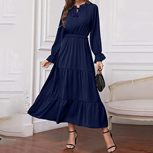 Женска цврста боја со долга ракав со долга ракав, женски долг фустан, плус фустани со големина за жени кои се обични