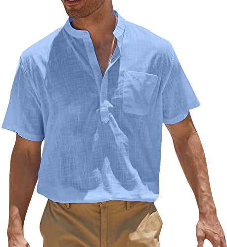 XXBR Машка памучна постелнина Хенли кошули со кратки ракави хипи необични летни маици со летен одмор на летен одмор со џеб