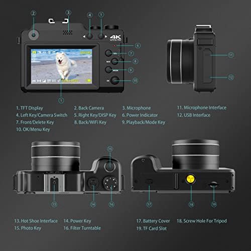 Камера за блогирање, 4K дигитална камера за YouTube Auto Focus & Anti Shake со WiFi, 16x дигитален зум 32 GB TF картичка topcam1.3