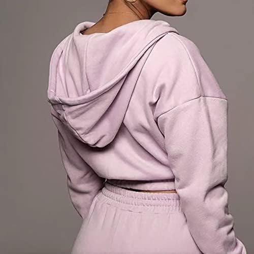 Listha omeенски моден моден цврста боја со качулка костум Обичен отворен v тенок џемпер со долг ракав