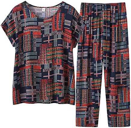 2 парчиња облека за жени плус големина лето лабава лабава постара маица со кратки ракави и панталони салон поставува обични облеки
