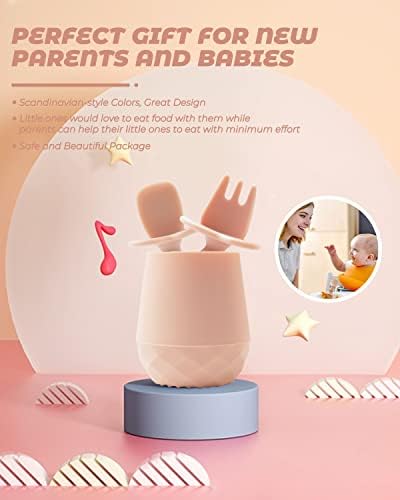 3 парчиња прибор за бебиња, лажици за бебиња само хранење 6 месеци со бебешка вилушка и силиконска чаша за бебиња, прибор за бебиња 6-12
