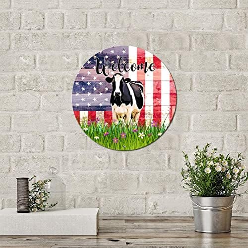 Тркалезен метален калај знак добредојде на знак за добредојде на САД со знамиња од тревник и крави 'рѓосана просторија wallид знак гроздобер