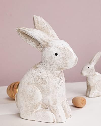 Прекрасно 'деко дрвено гроздобер бело велигденски зајаче фигурини, мали декоративни велигденски зајаче статуа сет од 2, гроздобер