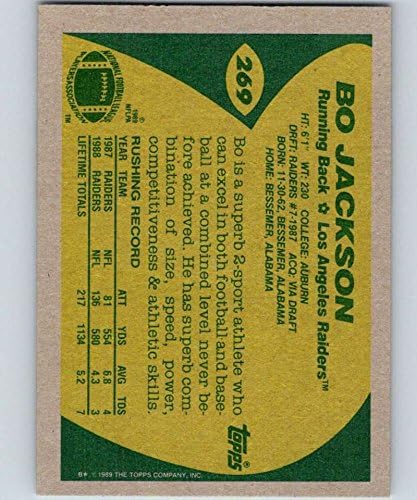 1989 година Фудбал Топс 269 Бо acksексон Лос Анџелес Рајдери Официјална трговска картичка во НФЛ