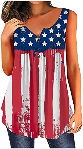LCEPCY летни врвови на туника за жени американско знаме печатена маичка со копче V вратот, без ракави, резервоари без ракави,