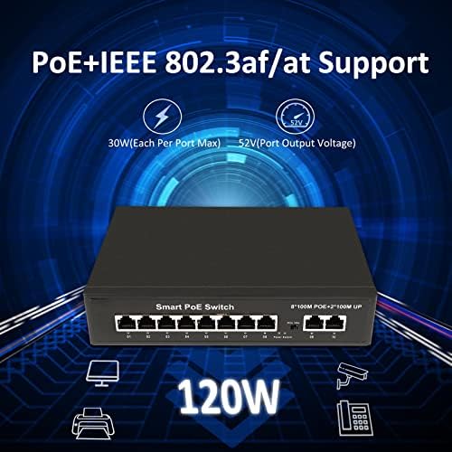 Прекинувач POE - Cimodun 8 Port POE Switch со 2 Gigabit Uplink, 802.3af/at POE+ порта 8 Етернет Сплитер, вградена моќност 120W, нерешенет метален