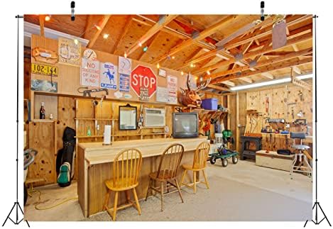 Корфото 9x6ft ткаенина дрвена гаража бар позадини за позадини со бари подрачје со алатки за поправка, дрвена маса бар позадина за фотографија