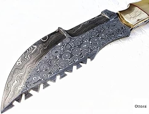 Отоза рачно изработен нож за трагач на Дамаск со рачка на коските - Нож за преживување - Нож за кампување - Нож за челик во Дамаск - Нож