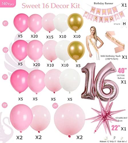 Слатка 16 декорации роденден 140 парчиња Розова Златна бела балон венец со 16-Та Буква балон &засилувач; Блескав Роденден Банери