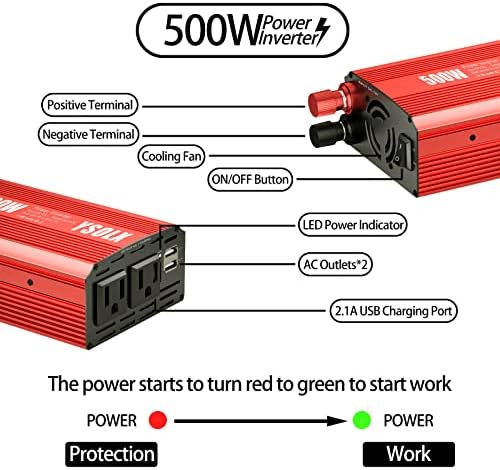 Ysolx 500W напојување со инвертер DC 12V до 110V AC конвертор со 2 USB порти и 2 излез на наизменична струја, Adpater за полнач