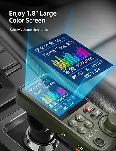Nulaxy FM Bluetooth Transmiter за автомобил, силен микрофон Bluetooth адаптер за автомобили со 1,8 екран во боја за бесплатни повици, поддржува