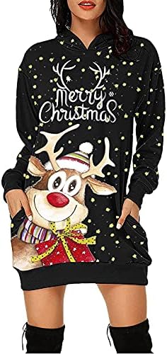 Среќни божиќни фустани за туники за жени грда Божиќна ирваси од снегулка, графички дуксери, облечени со џеб