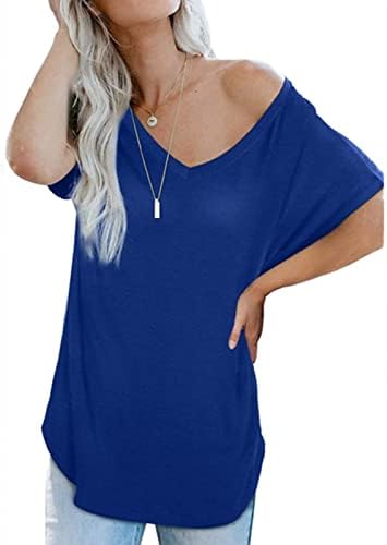 Памук со кратки ракави, случајна лабава лабава вклопена опуштена вклопена обична врвна маичка за жени есен лето Внек блуза 5м 5м