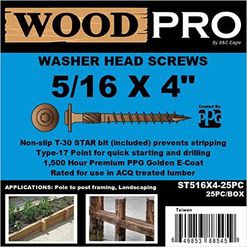 Зацврстувачи на WoodPro ST516X4-25PC 5/16-инчи од 4-инчен должина на мијалник за миење садови надворешни завртки за дрво, 25-пакувања,