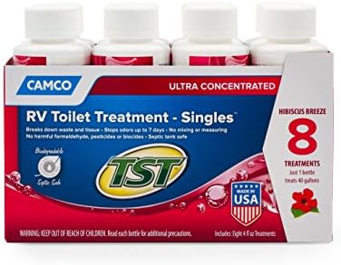 Синглови за третман на тоалет Camco TST Max RV | Се одликува со биоразградлива септичка безбедна формула, мирис на хибискус ветре, и е