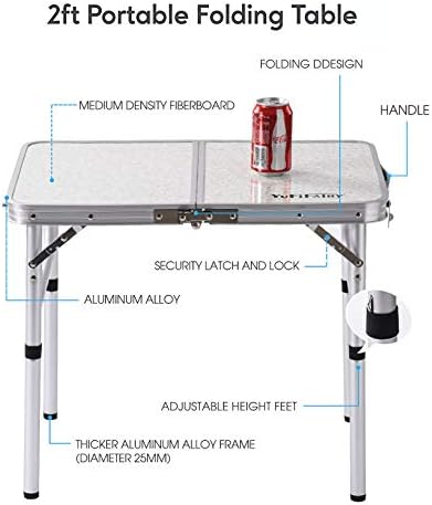 Табела за преклопување мала, 24'''l x16''w camp алуминиумска табела со прилагодливи висини нозе, внатрешна лесна преносна преносна алуминиумска