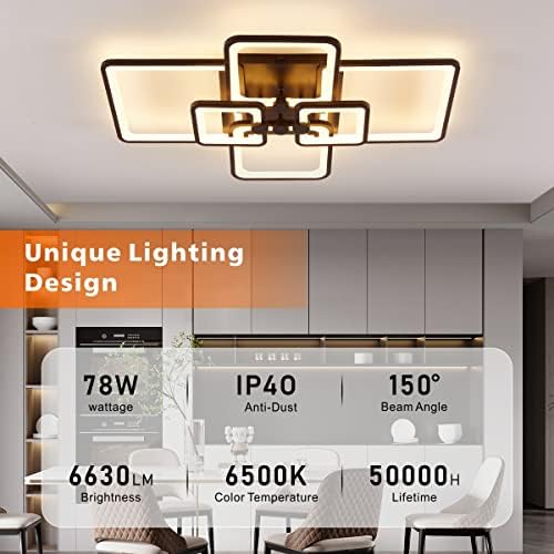 Хихихомија модерни LED тавански светло, затемнето модерни тавански светла, 6 прстени квадратни тавански ламби со далечински управувач, 3-бои Flush Mount Light Filtures, 3000K-6500K за