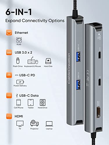 CableCreation 6 ВО 1 USB-c центар СО USB-c Порти, Две USB c Порти За MacBook Pro/Air, iPad Pro/Air/Mini 6, Површина Pro, XPS+ USB 3.1 а До Тип