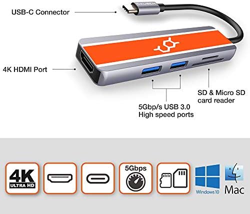 Даузен [Допамин] 5 ВО 1 USB-C Центар, 4K HDMI, SD/TF, USB 3.0. Компатибилен Со Повеќето лаптопи, Вклучувајќи Macbook Pro/Air, Dell, Површина книга2 И Повеќе