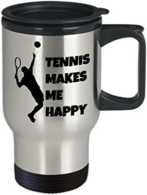 Тениска кафе за патување со кафе најдобро смешна уникатна тенисерка чаша чај совршена идеја за мажи жени Тенис ме прави среќен