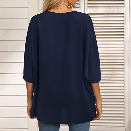 Nokmopo Работни кошули за жени плус големина цврста боја крпеница ракав V-врат со кратки ракави за блуза блуза Блуза Топ