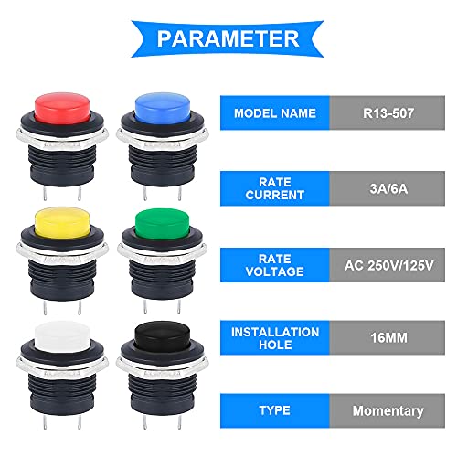 DKARDU 12 Парчиња 16mm Моментален Прекинувач ЗА Притискање AC250V / 3A AC125V / 6A 6 Pin-Off Прекинувач За DIY СО 36 Парчиња Приклучок За