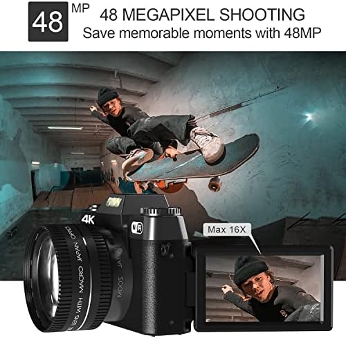 Дигитална камера за фотограф и видео VJianger 4K 48MP WiFi Vlogging камера со флип екран од 180 °, 16x дигитален зум, 52мм широк агол и макро леќи, 2 батерии и 32 GB TF картичка