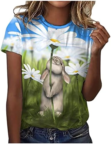 Велигденски кошули за жени кошули за зајаче, симпатична зајак графичка графичка мета летна случајна екипаж со кратки ракави со кратки ракави
