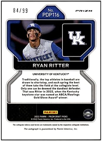 Ryan Ritter RC Auto 2022 Panini Prizm Draft Picks /99 Blue Autographs 116 Rookie NM+ -MT+ MLB Бејзбол Кентаки
