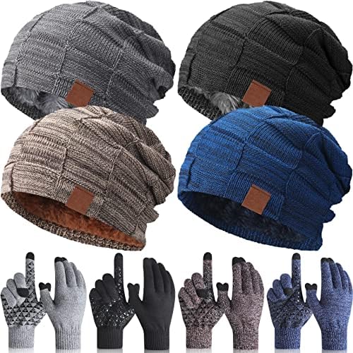 8 парчиња зимски капи за мажи, зимски мажи со двојки нараквици на гравчиња поставени плетени топло топло топло