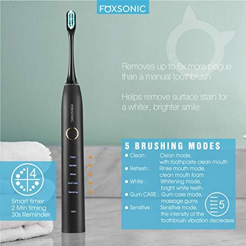 FOXSONIC SONIC Електрична четка за заби 5 режими со 2 минути градење во тајмер, стоматолозите препорачуваат 7 глави за четки, куќиште за патување