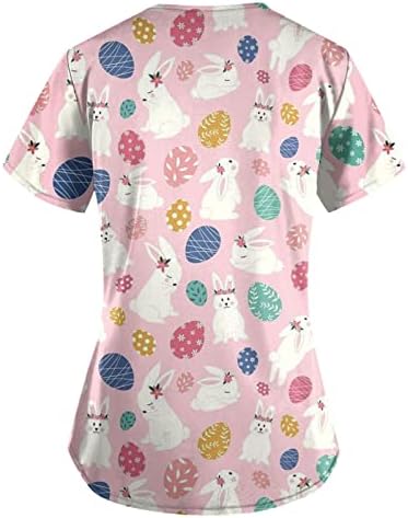 Женски празници за празници врвови за велигденска работа униформа маица зајаче јајца отпечатени кратки ракави v-врат џеб удобни блузи