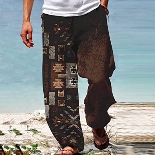 Машка мода лабава обична памучна постелнина панталони печатени широки панталони за јога на нозе со џебови