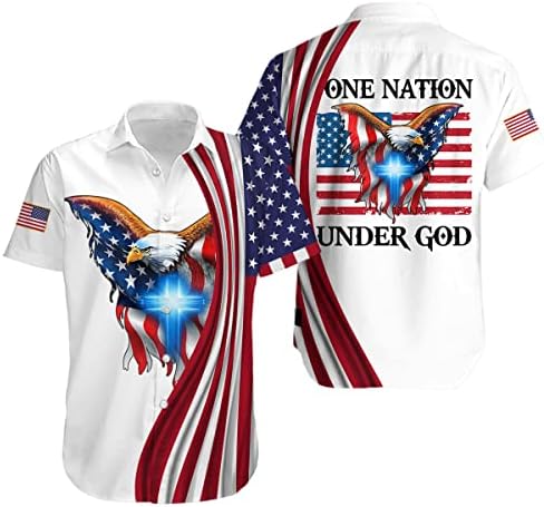 Една нација под Божји американски кошули со орел за мажи- Патриотско Исусово знаме 1776 Копче на кратки ракави машки хавајски
