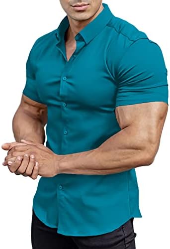 Обични кошули за фустани за машка мускулатура со кратки ракави за атлетски вклопни кошули надолу