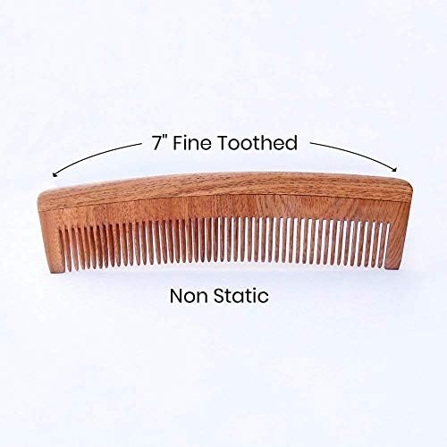 HealthAndyoga Puretress Handhrapted Neem Wood Comb - Не -статички и еколошки - 7 инчи фин заб плус двојни чешел за заби