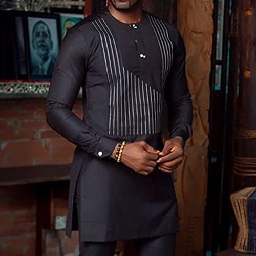 Африканска облека за мажи Дашики 2 парчиња сет традиционална костум со долги ракави племенски облеки кошула и панталона за патеки