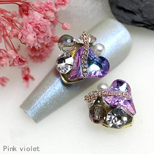 Срцев нокти уметност ригистони, 3Д loveубовни кристални нокти дијамантски украси, сјајни црни бели црвени виолетова loveубовна ланец