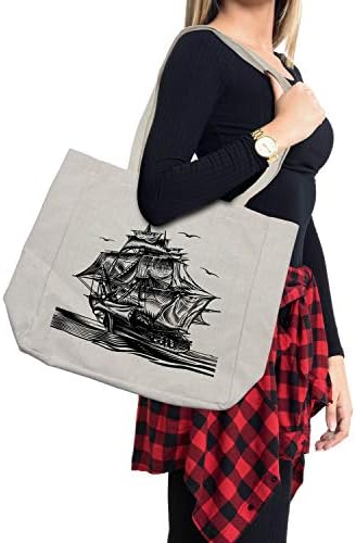 Амбесон пиратска торба за купување брод, научна линија уметност стил илустрација со гроздобер едриличар на егзотични води, еколошка торба