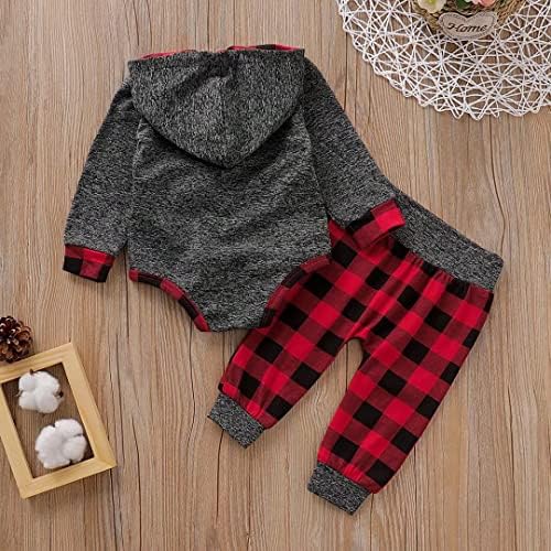 Облека за бебиња, новороденче есен зимски облеки црвена карирана долга ракав худи ромпер + долги панталони поставени 2 парчиња