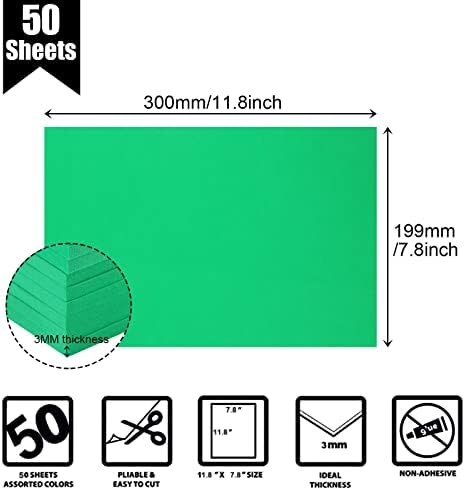 50 пакети зелени листови со пена, 8 x 12 козмејски пена хартија занаетчиски листови, 1/9 дебели табли со висока густина од пена за