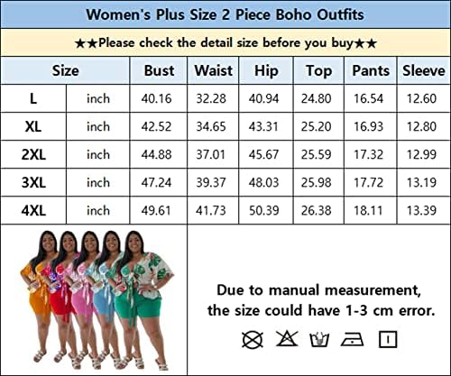 Плус големина 2 парчиња облека за жени лето бохо руфли култури на врвни шорцеви Поставете цветно печатење на плажа