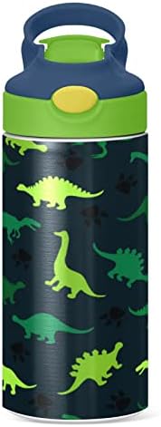 Кигаи зелено камо диносаурус деца шише со вода со слама капаче, БПА бесплатно, вакуум од не'рѓосувачки челик од 12oz, изолирана од